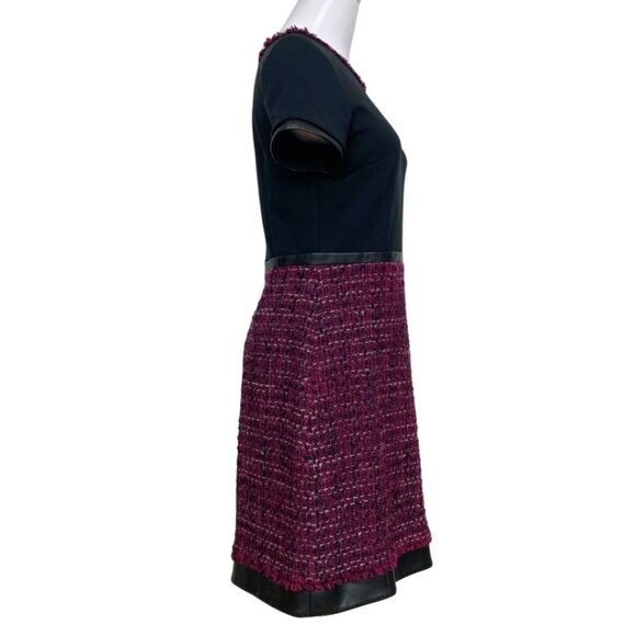 KARL LAGERFELD BLACK BURGUNDY TWEED WOOL BLEND FAUX LEATHER COMBO DRESS - 2 - Picture 2 of 9